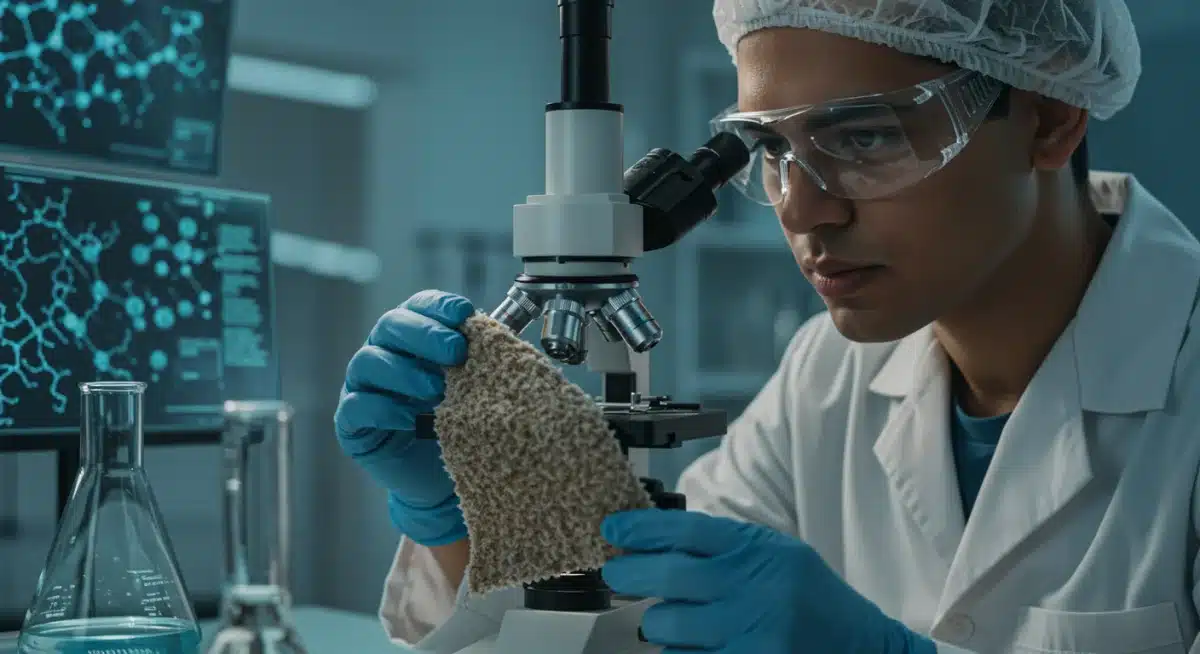 Textile engineer examining mycelium fabric in laboratory