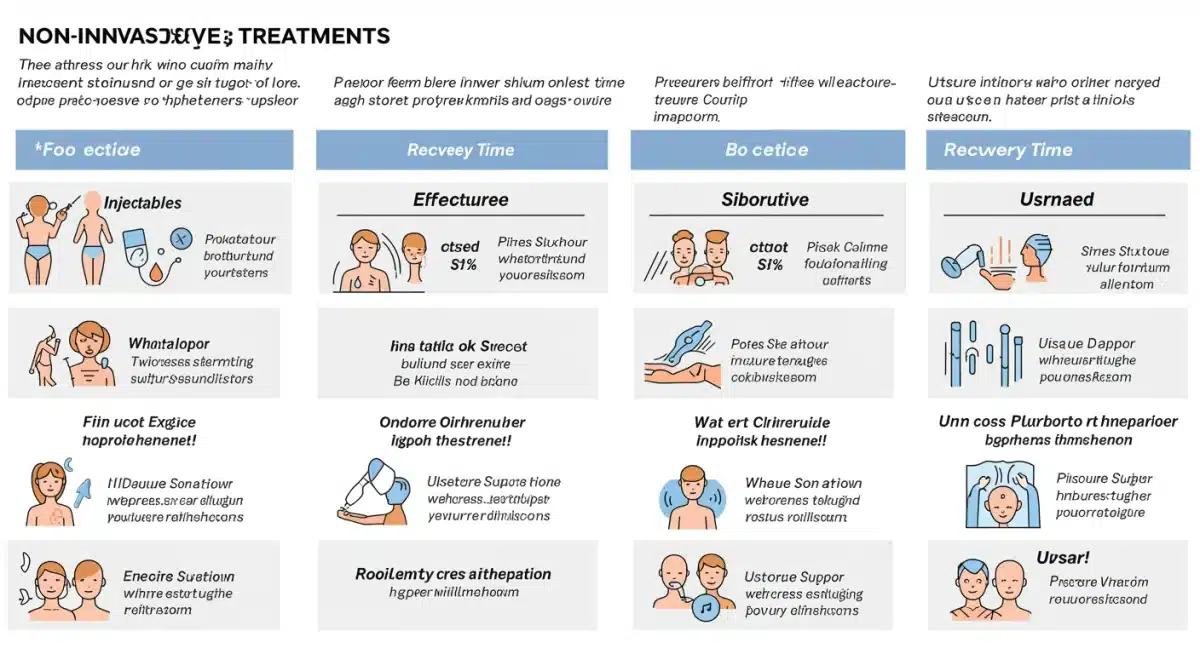 Infographic comparing efficacy and recovery of non-invasive aesthetic treatments