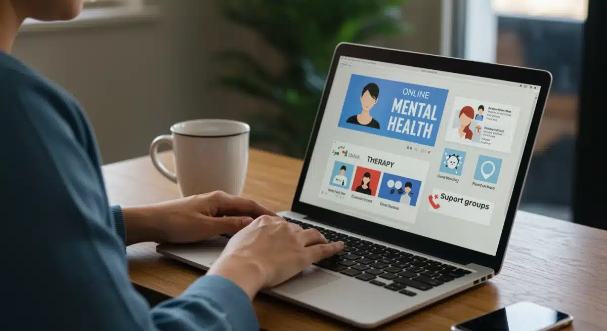Woman accessing online mental health resources via laptop