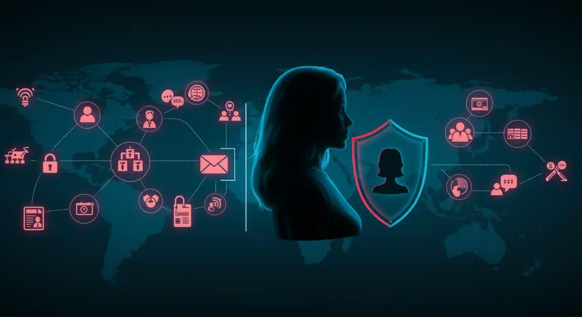 Diagram illustrating various online threats like phishing and social engineering targeting women, with protective digital shields.