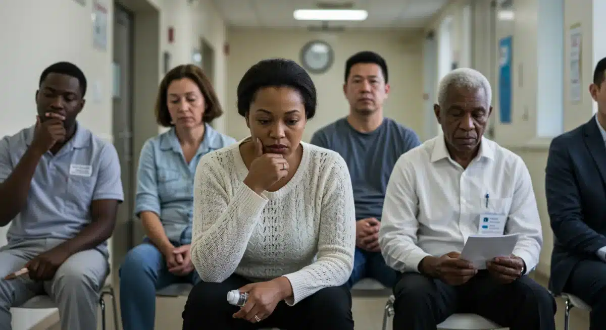 Anxious patients in a waiting room, reflecting concerns about healthcare access.