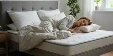 Woman sleeping peacefully in a bright, serene bedroom, symbolizing optimal sleep health.