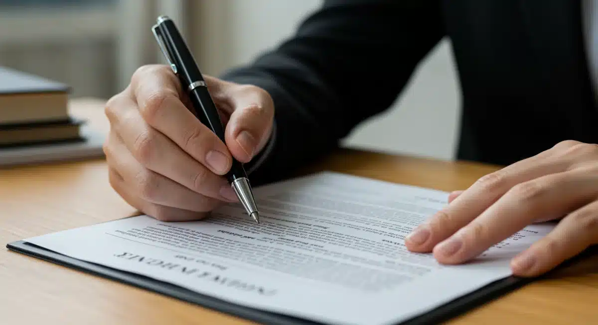 Hand reviewing legal document on new 2025 employment policies for women's rights.