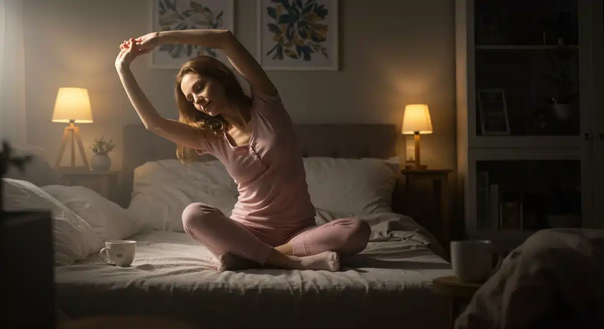 Woman stretching before bed as part of a relaxing sleep routine.