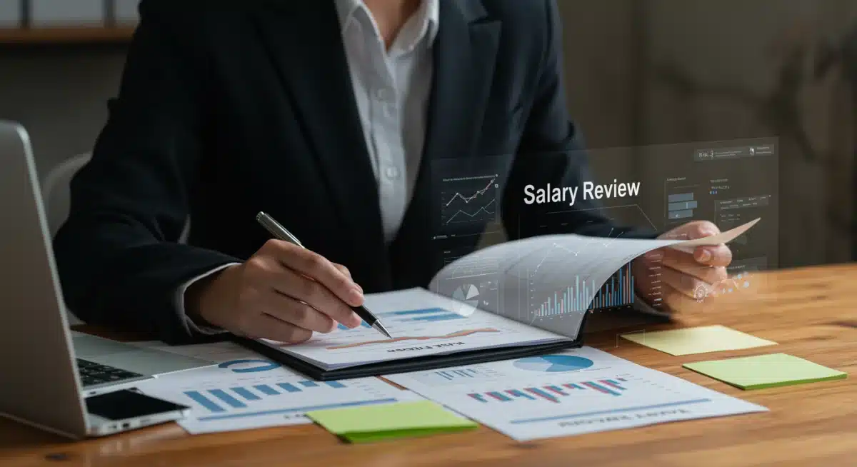 Woman preparing for salary review with organized documents and data