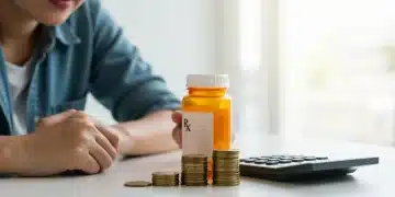 Woman reviewing prescription costs with a calculator and coins, focusing on financial planning.