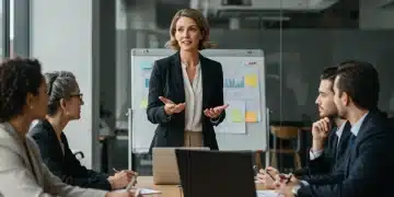 Professional woman leading a team meeting, showcasing strong leadership and clear communication