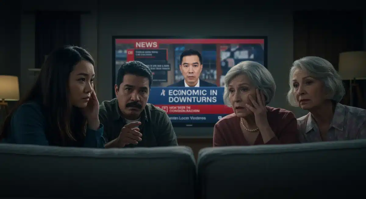 People watching news with worried expressions about economic downturn