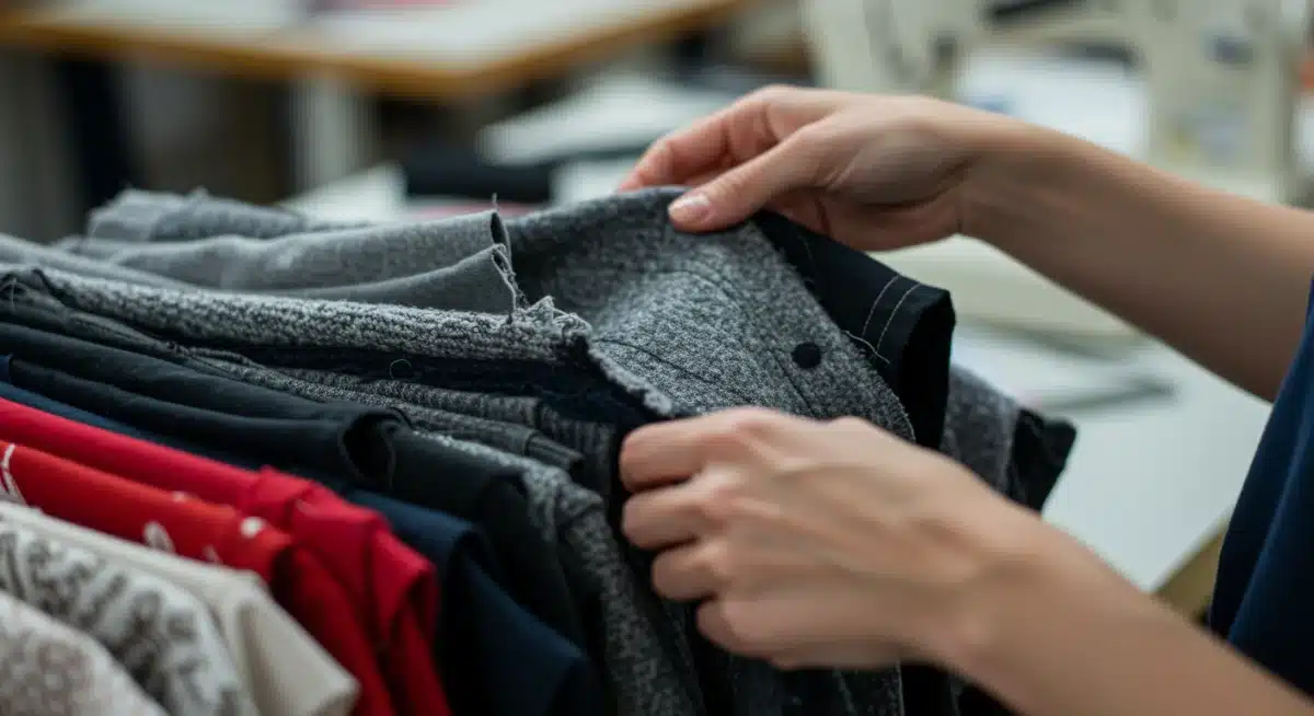 Hands examining recycled and upcycled fabrics for sustainable fashion