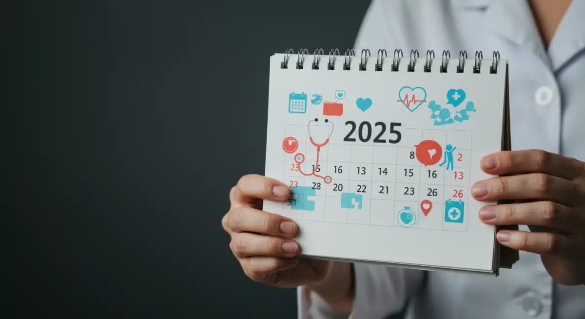Woman scheduling 2025 preventative health appointments on a calendar