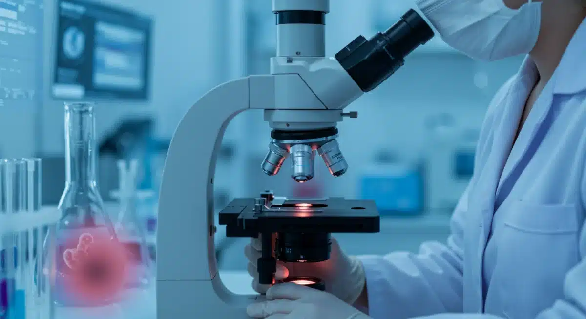 Scientist examining cells under a microscope for reproductive research