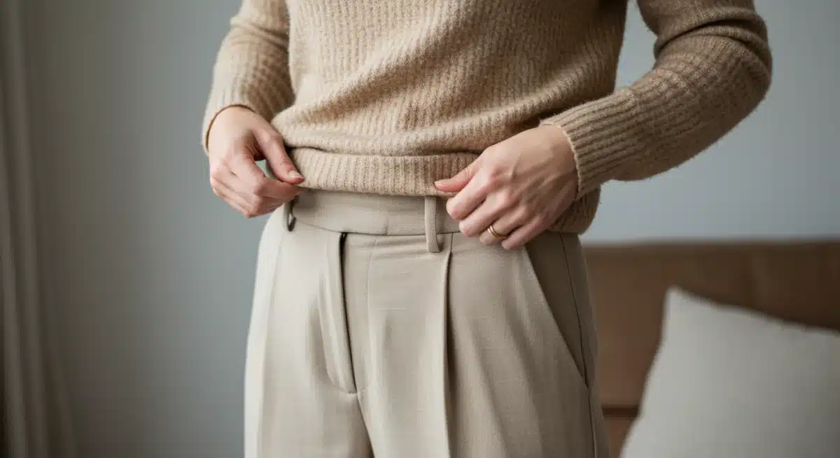 Woman adjusting soft knit sweater and wide-leg trousers