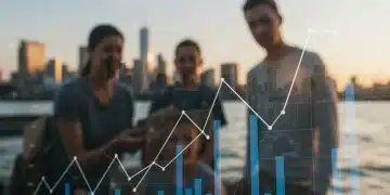 Financial graph showing stable interest rates with a family contemplating a home purchase, symbolizing economic impact.