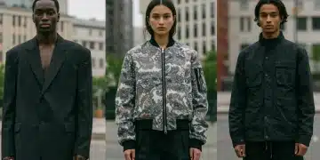 Models wearing oversized power blazer, avant-garde bomber, and modernized utility jacket in urban setting 2026 fashion.