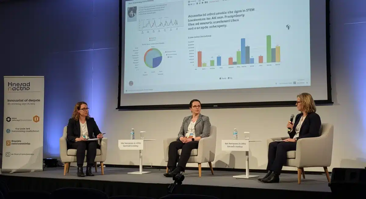 Women STEM leaders on a conference panel, discussing innovation.