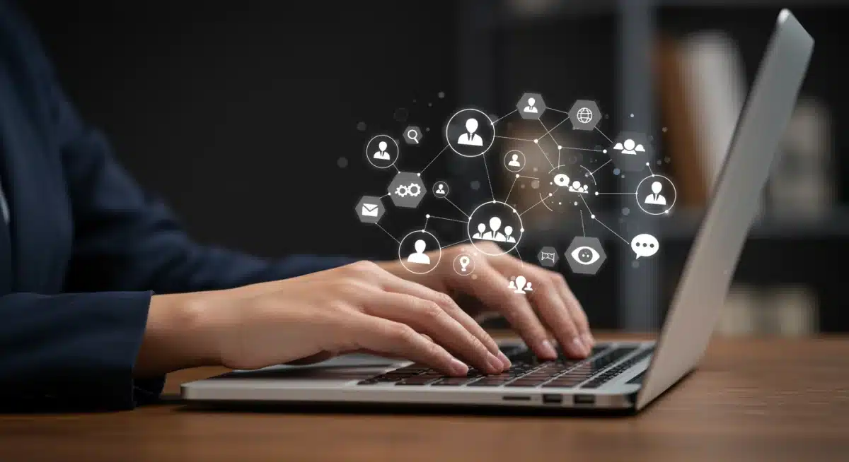 Woman typing on laptop, engaging in strategic digital networking