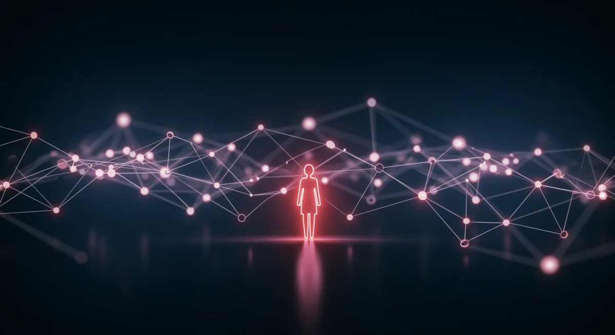 Woman standing confidently amidst a glowing network of professional connections, symbolizing strategic networking through coaching.