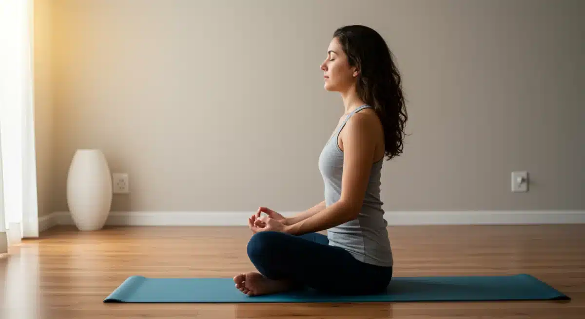 Woman practicing mindfulness for stress reduction and heart health.