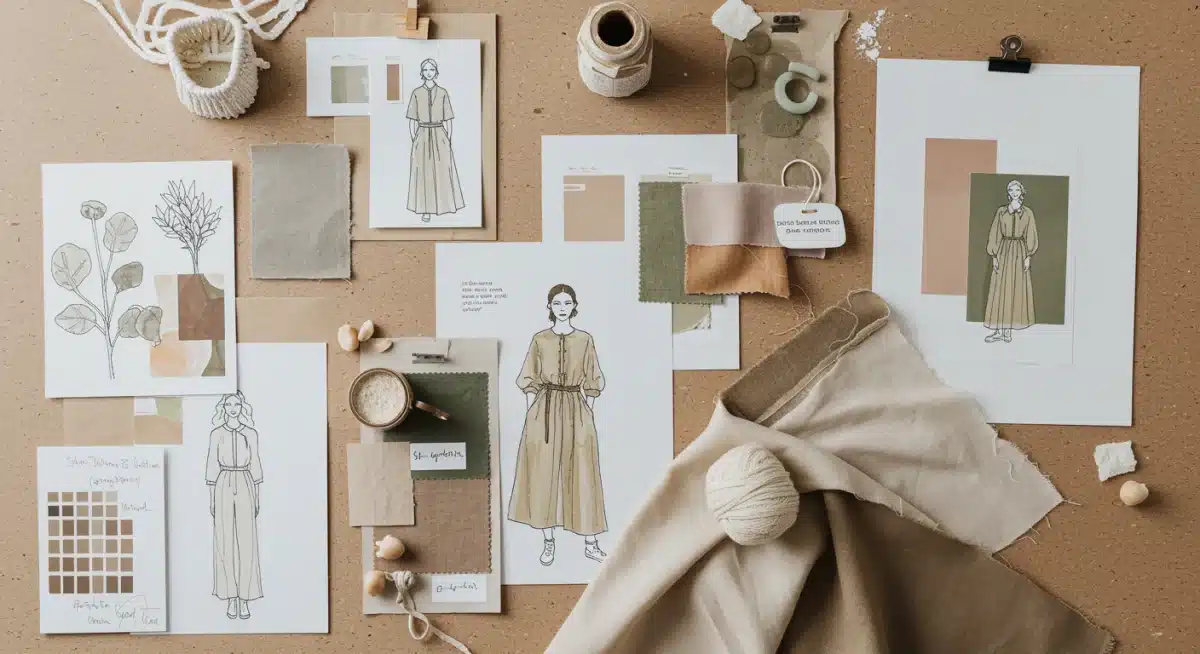 Sustainable fashion design process with fabric swatches and sketches.
