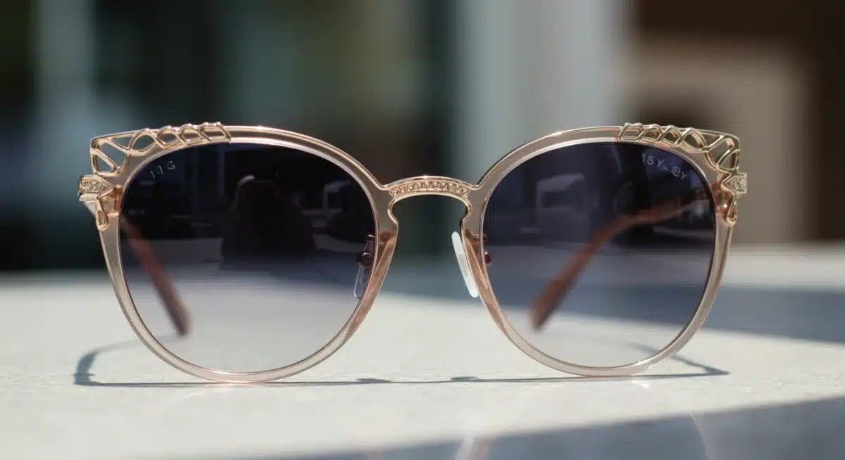 Close-up of elegant, oversized sunglasses with sustainable frames, emphasizing intricate design and eco-friendly materials.