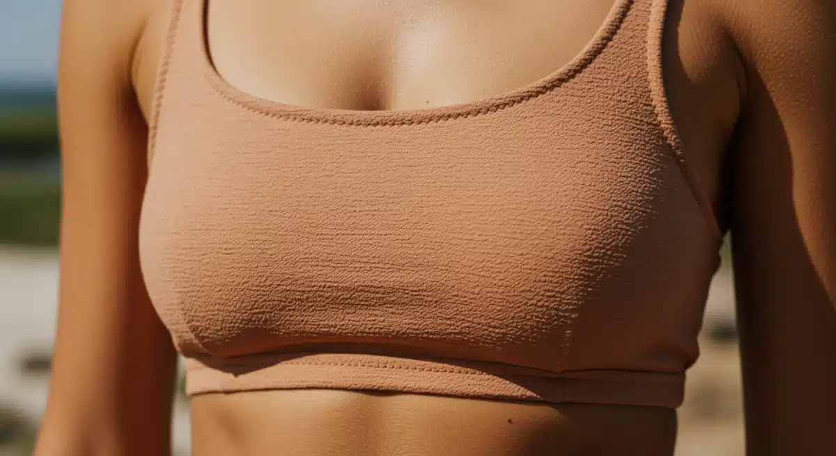 Sustainable swimwear material close-up, highlighting eco-friendly fabric and minimalist design.