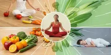 Diverse elements of sustainable weight management: healthy food, exercise, meditation, and sleep.