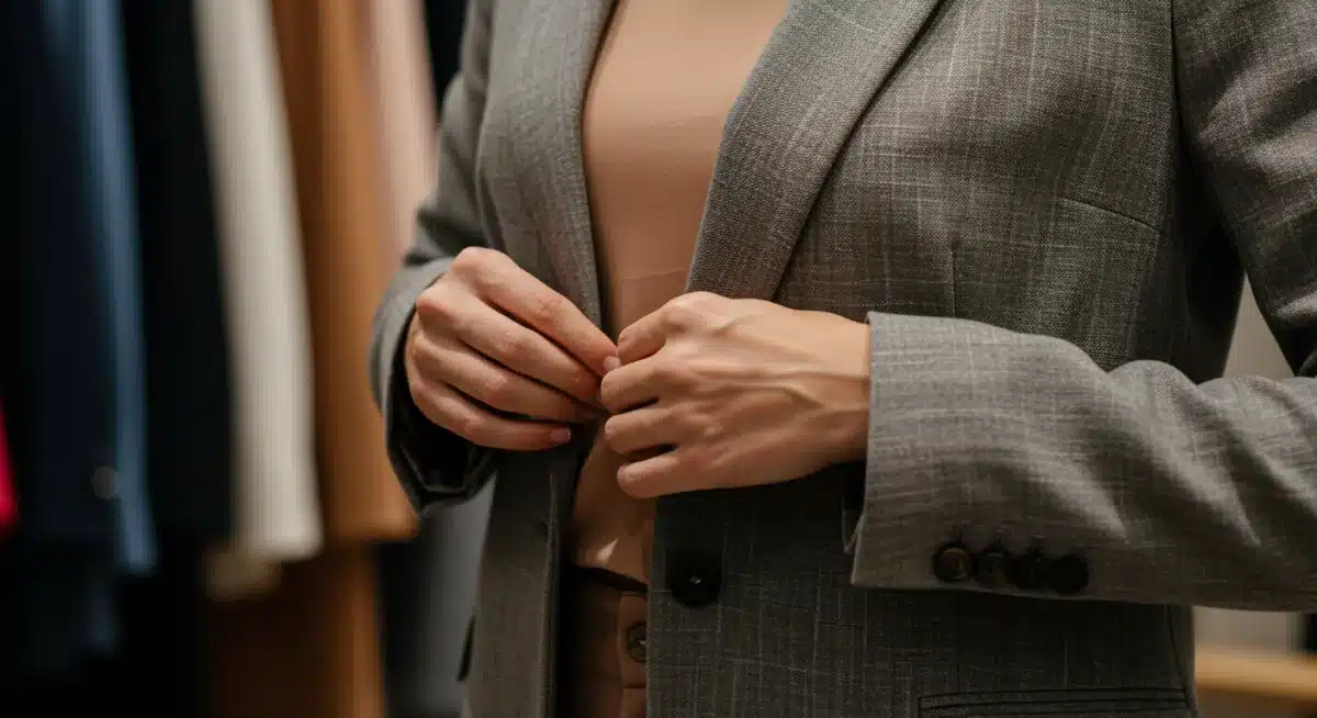Woman adjusting sustainable blazer, highlighting quality and eco-friendly details in modern workwear.