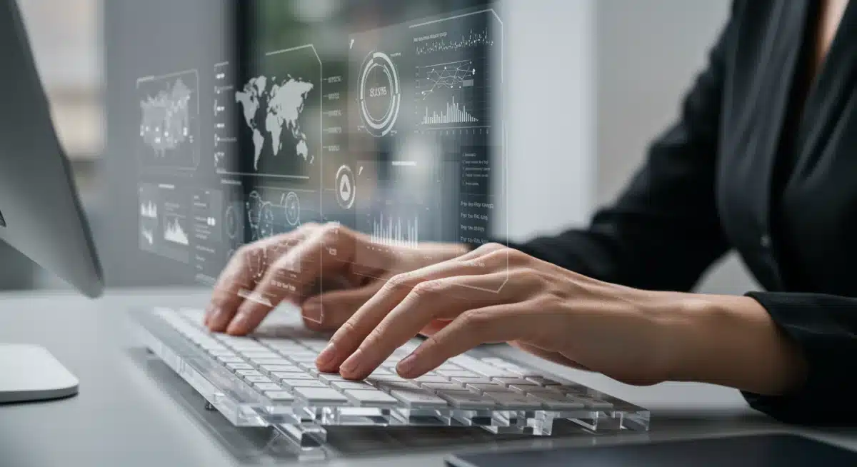 Woman using transparent keyboard with augmented reality overlay