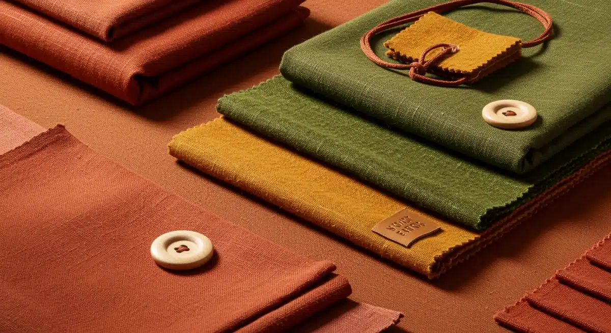 Fabric swatches and accessories displaying Vibrant Earth Tones palette for 2026 Spring fashion.