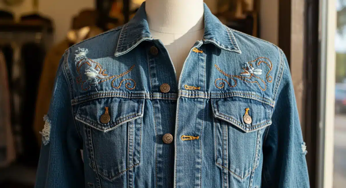 Detailed denim jacket showcasing 1970s folk art embroidery and modern distressed elements.