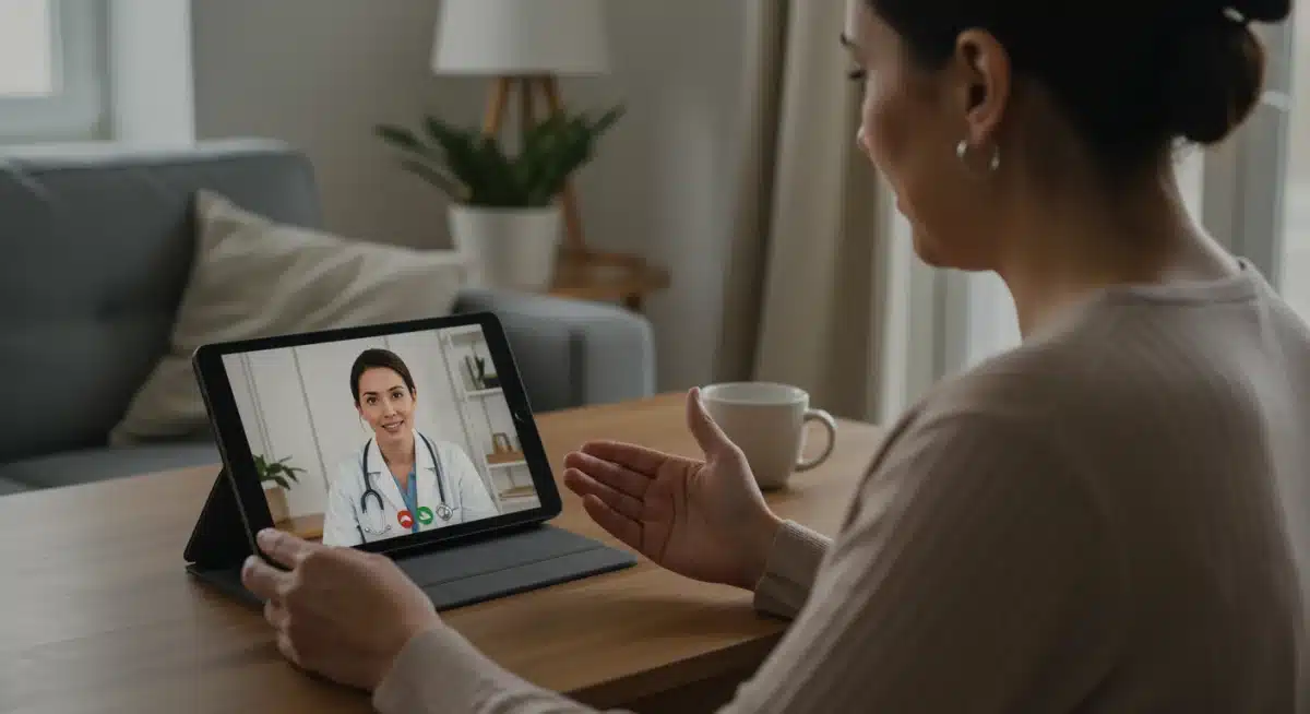 Woman consulting telehealth provider via video call at home
