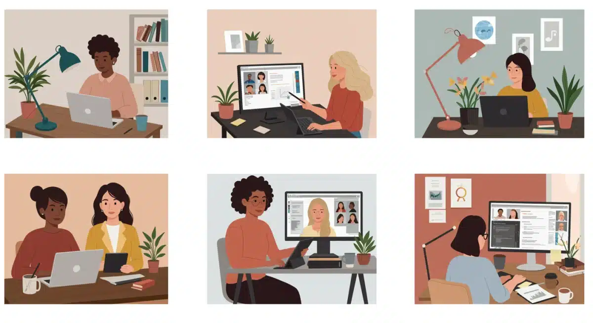 Diverse women collaborating in a virtual meeting, showcasing flexible work