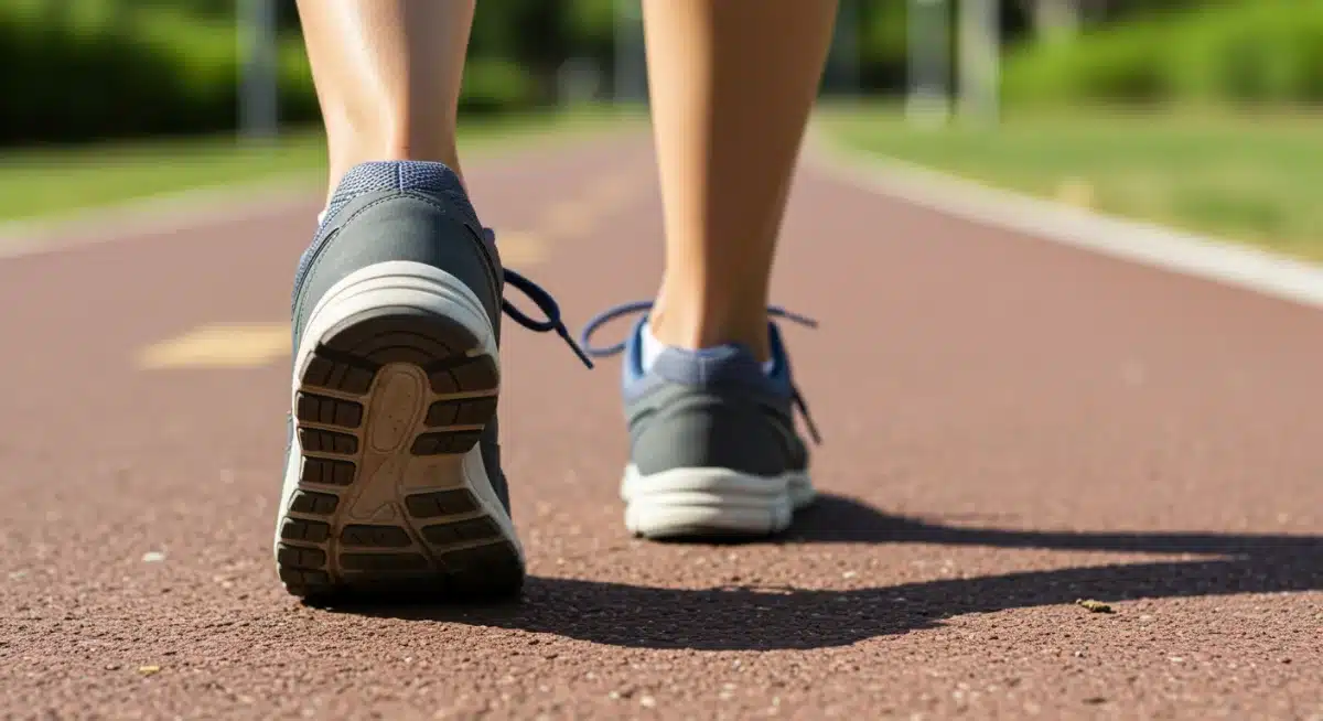 Person's feet taking a step in walking shoes on a path
