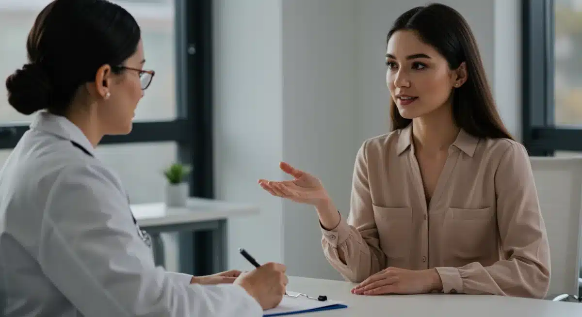 Woman and doctor discussing new treatment options