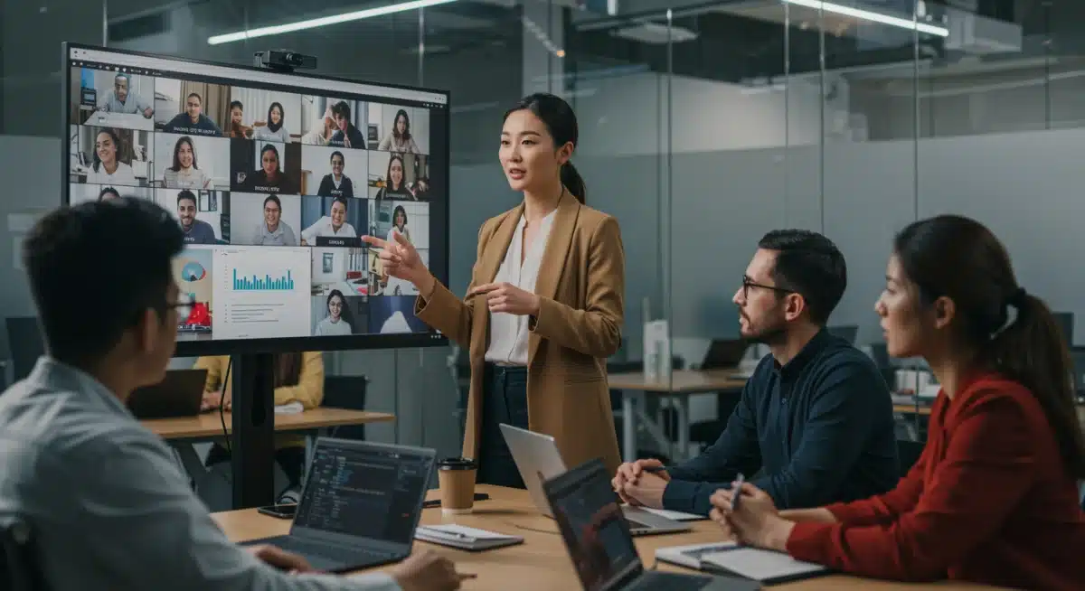 Woman leading virtual team meeting, demonstrating effective leadership and communication.