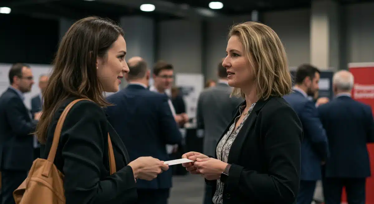 Woman networking at a professional event, building connections