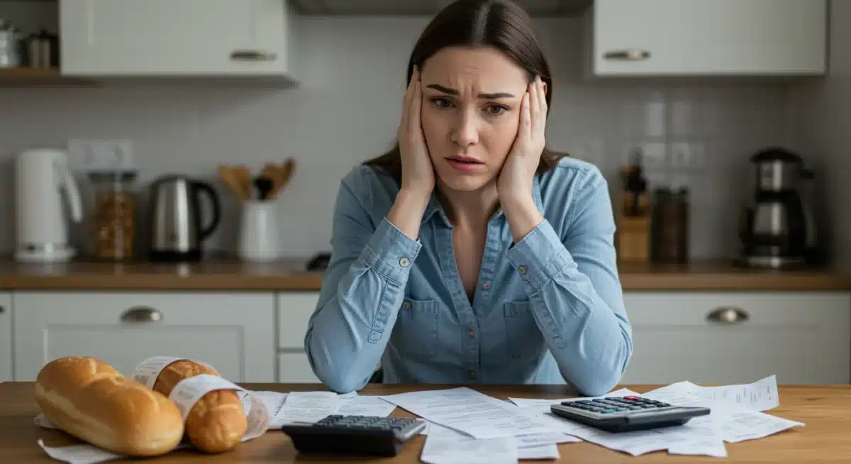 Woman reviewing household budget and bills with concern