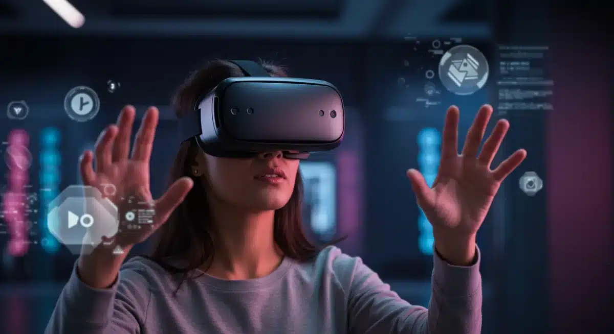 Woman engaging with virtual reality and augmented reality goggles