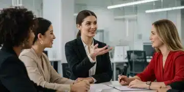 Professional women discussing career growth in a modern office mentorship session