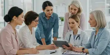 Diverse women discussing health with doctor, reviewing new federal screening guidelines.