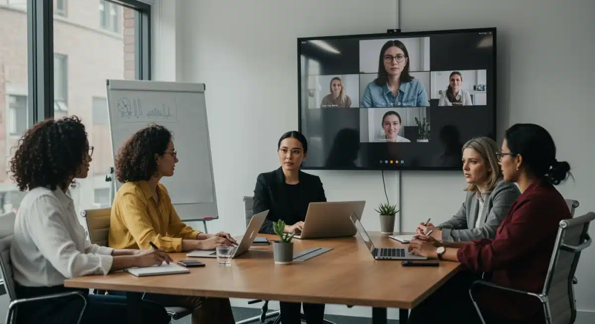 Women collaborating in hybrid work environment