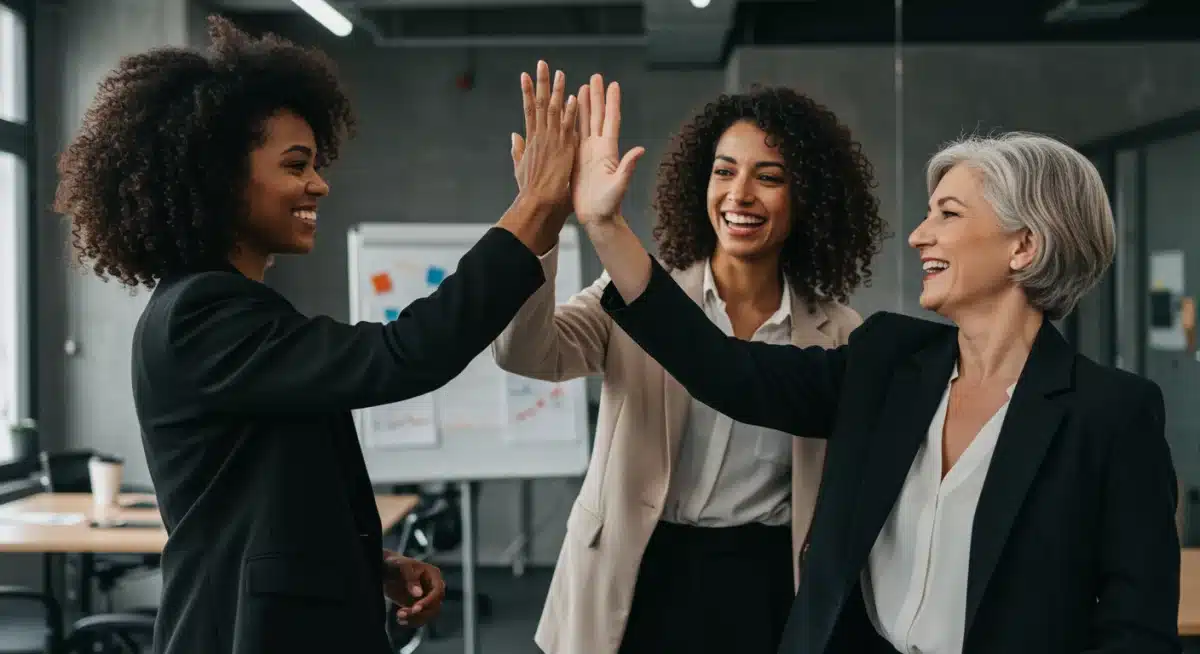 Diverse women leaders celebrating achievement in a modern office.