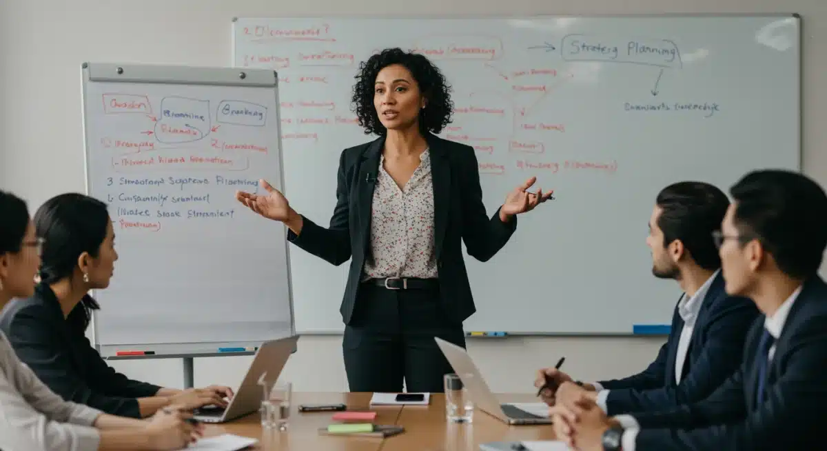 Woman confidently leading a business presentation, showcasing leadership and professional acumen.