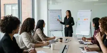 Professional women engaging in dynamic leadership training session.