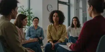 Diverse women discussing mental health support in a bright, modern setting