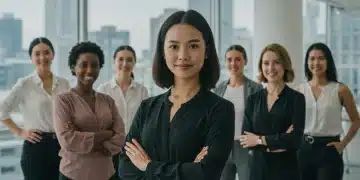 Professional women collaborating confidently in a modern office environment, symbolizing resilience and success.