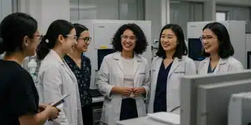 Diverse women collaborating in a modern STEM laboratory, symbolizing progress.