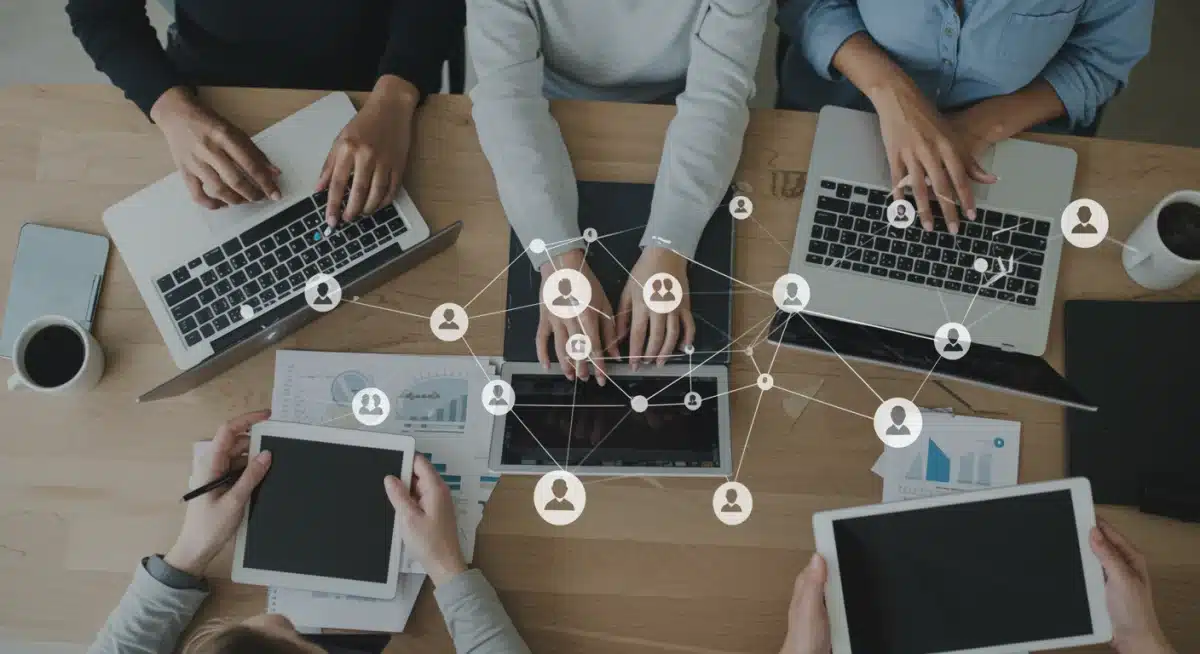 Women using technology to connect and collaborate, illustrating digital transformation in business.