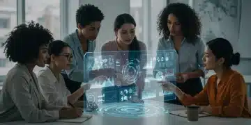 Diverse women interacting with holographic technology in 2025 office