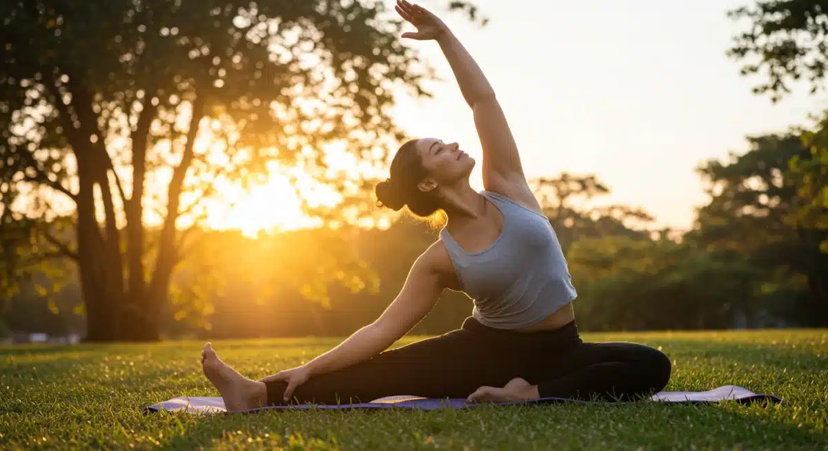 Woman doing yoga outdoors at sunrise, promoting physical activity and stress relief.